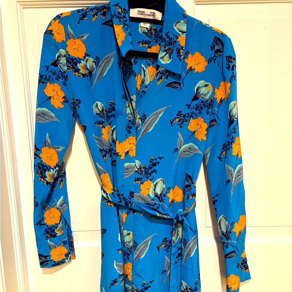 DVF Floral Blue and Orange Silk Dress